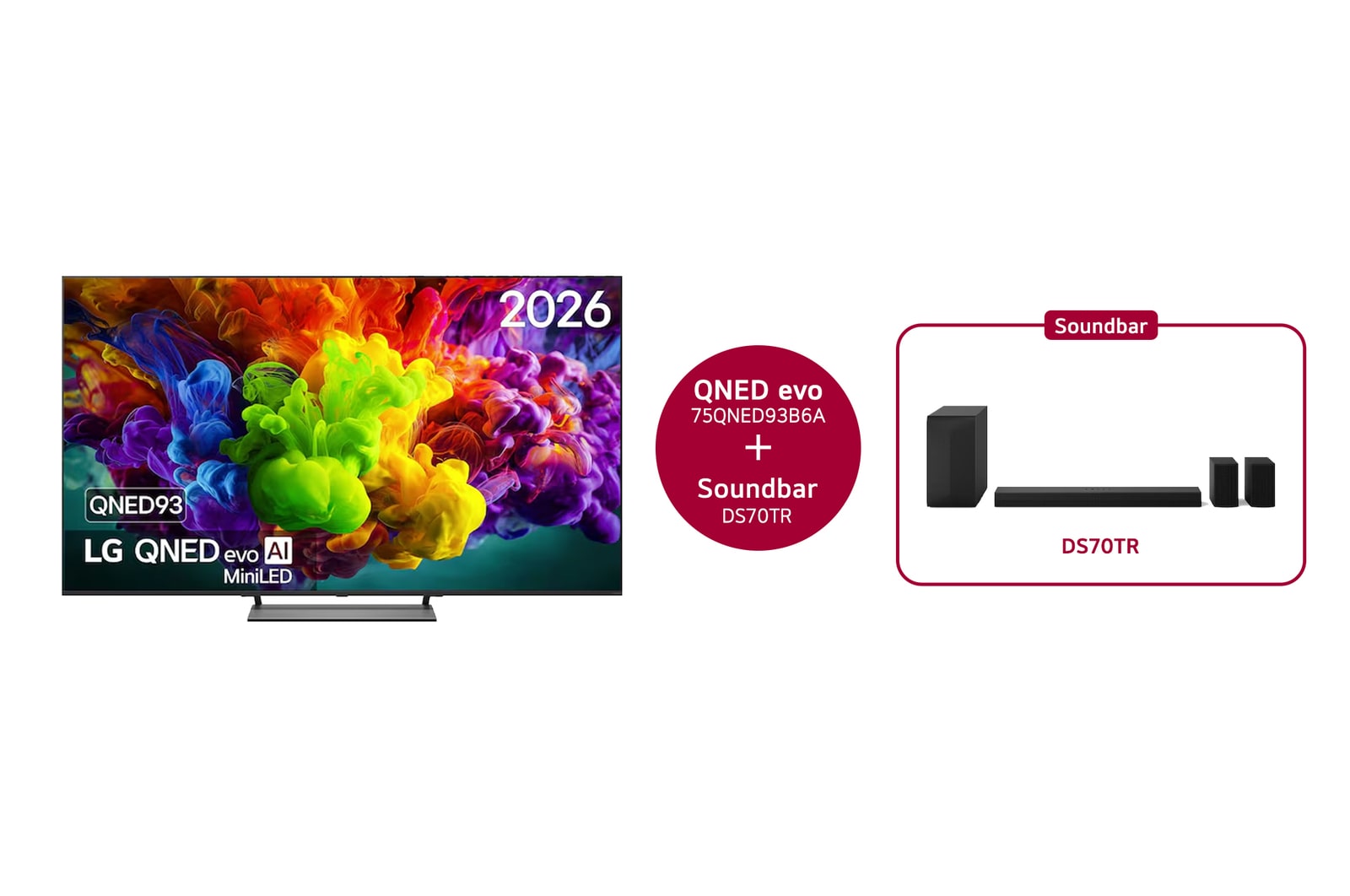 Vooraanzicht van 75 inch LG QNED evo AI QNED93 Mini LED 4K Smart TV 2026 & DS70TR 5.1.1-kanaals 75QNED93B6A.DS70TR